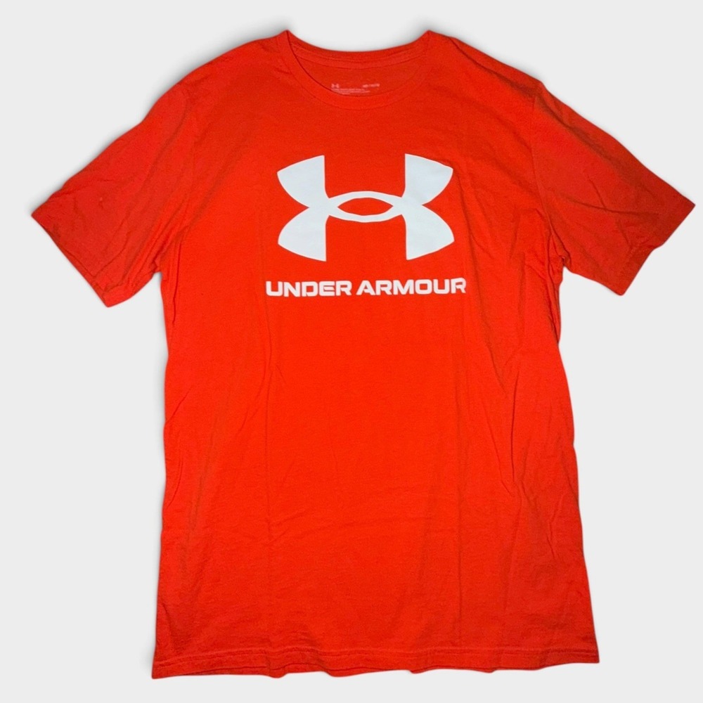 Under Armour Mens Orange Graphic Logo Short Sleeve T-Shirt Loose Fit Size Medium
